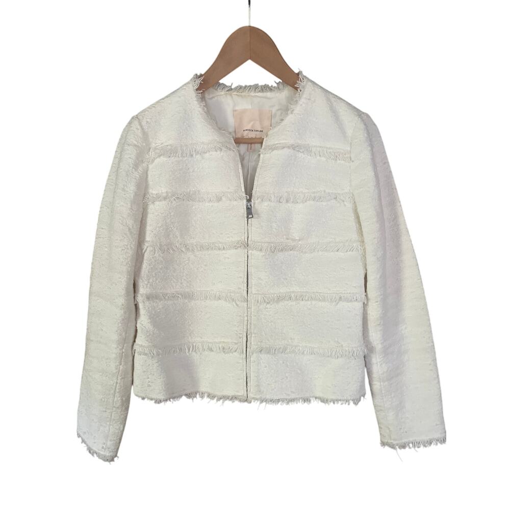 Rebecca Taylor Tweed Fringe Crop Zip Blazer White Sz 2